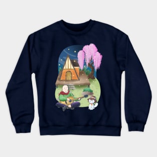 Cozy A frame cottage, man, cat, guitar at night, sakura willow tree Crewneck Sweatshirt